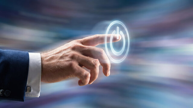 Hand finger power button touch technology digital high level planning business man hand touch digital power button for high level planning concept - Powered by Adobe