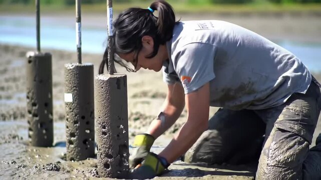 Researcher in mud flat taking core samples for soil analysis research. Background water and shoreline. Possible use environmental studies