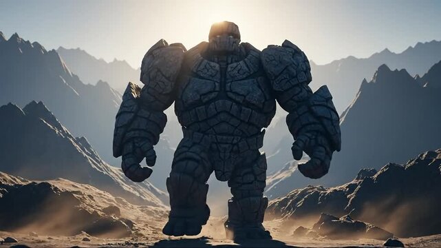 Massive Stone Golem Walks Through Rocky Mountain Landscape at Sunrise