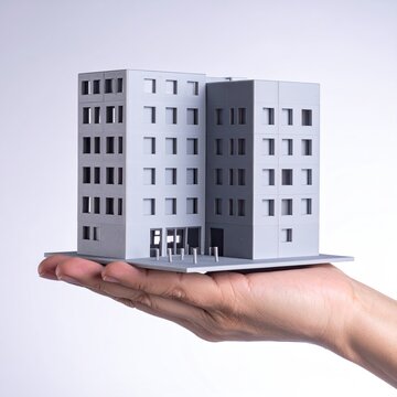 Miniature grey building model held in a hand