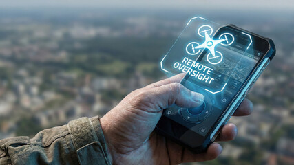 Remote oversight drone control high level planning concept on smartphone screen over cityscape background