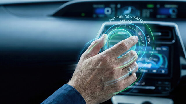 Futuristic car dashboard control high level planning concept with holographic interface glowing blue circle knob and hand gesture interaction - Powered by Adobe