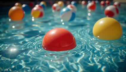 a vibrant collection of colorful beach balls floating playfully on the surface of a shimmering pool of water