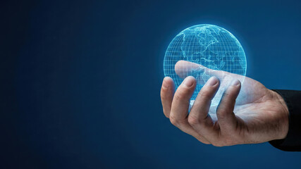 Global business digital globe hologram world innovation technology concept blue background human hand futuristic global business digital globe
