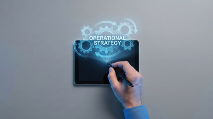 High level planning operational strategy concept over digital tablet screen with business icon graphic