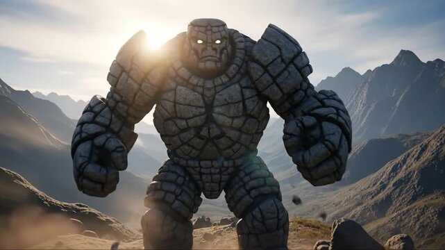 Massive stone golem emerges from rocky mountain landscape at sunrise