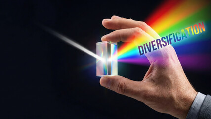 Hand prism spectrum rainbow high level planning concept diversification strategy metaphor color light refraction finance focus