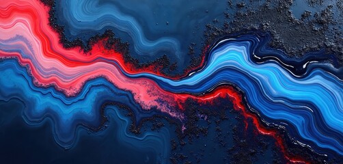 Fototapeta premium Abstract liquid art with flowing blue and pink waves. Textured dark particles create contrast against smooth colorful blends, suggesting marbled or geological formations. Use as background.