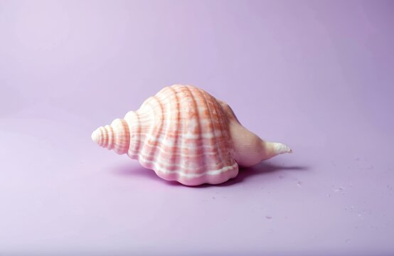 Single pink sea shell rests on purple background. Spiral texture and stripes are visible. Light colored marine object shows form and pattern.