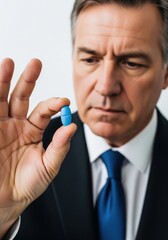 Corporate Executive In Suit Examining A Blue Medical Tablet Closely