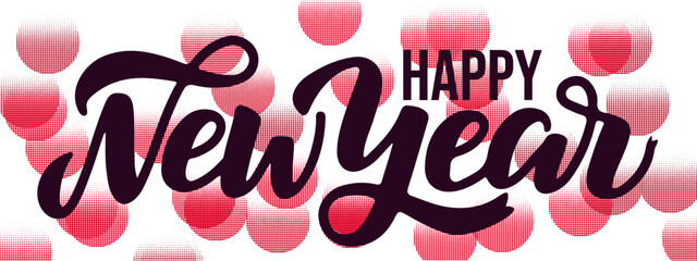 Happy New Year Greeting Card with Elegant Script and Red Confetti Background