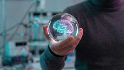 Artificial intelligence human hand glass sphere glowing brain future technology innovation high tech data planning vision level