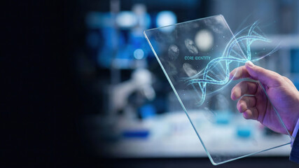 Futuristic dna interface, genetic analysis, digital screen, medical technology, lab research, innovation, high level planning visualization