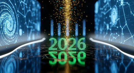 Digital image with a green number 2026, golden particles above, and abstract patterns on the sides, reflecting futuristic technology and a symbolic new year