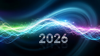 Futuristic 2026 Background with Neon Waves and Metallic Numbers