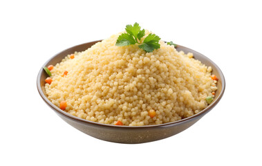 Appetizing serving of fluffy steamed couscous garnished with colourful diced vegetables and a sprig of fresh parsley in a ceramic bowl on transparent background.