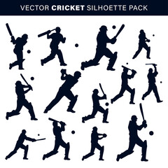 Obraz premium Cricket batsman silhouettes set with various batting poses, Professional cricket player action vector silhouettes pack, Vector cricket batting icons for sports tournament design, Set of cricket player