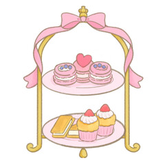 リボンが巻き付いたアフタヌーンティーセットの手描き風イラスト ギフトや特別なティータイムを演出する装飾モチーフ ラフラインアートスタイル