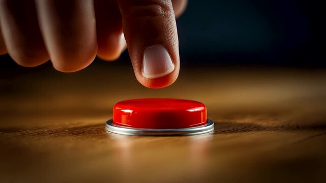 Human Finger Pressing Red Emergency Button on Wooden Surface Showing Decision, Risk, Control, Urgency and Consequence Moment