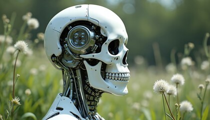 White robotic skull with exposed metal gears and wires rests in green grass and white flowers. Futuristic cyborg head represents artificial intelligence and mechanical future.