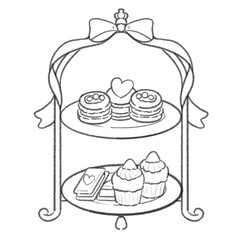 リボンが巻き付いたアフタヌーンティーセットの手描き風イラスト ギフトや特別なティータイムを演出する装飾モチーフ ラフラインアートスタイル