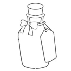 ブラックインクで描かれた白黒のリボン付き小瓶線画イラスト ギフトや想いを閉じ込める象徴的モチーフ 手描き風ミニマルラインアート素材