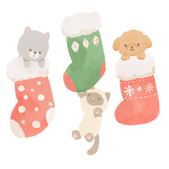 可愛い動物たちがクリスマスの靴下に入ったり、ぶら下がったりして遊んでいる水彩風イラスト