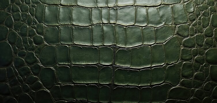 Deep green crocodile leather texture close-up. Realistic pattern with scales and bumps. Luxurious material for fashion and accessories. Reptile skin background surface.
