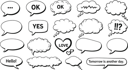 Fototapeta premium Collection of speech bubbles with various expressions and messages, including 'OK', 'YES', 'Hello!', and question marks