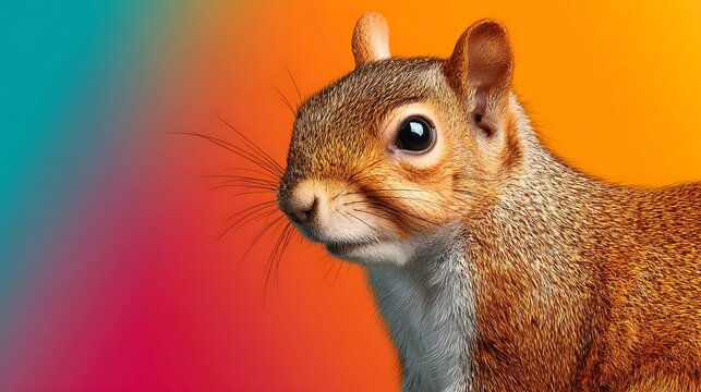 Close-up Portrait of a Grey Squirrel Against a Vibrant Gradient Photo Background rodent