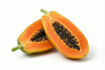 Fresh ripe papaya sliced in half with seeds isolated on white background