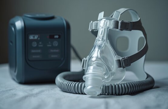CPAP machine and full face mask device for breathing therapy during sleep. Medical equipment helps patient with obstructive sleep apnea and snoring. Respirator mask with headgear and tube.