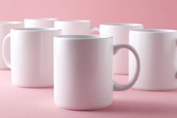 Minimalist product photography of white mugs against a pastel pink backdrop