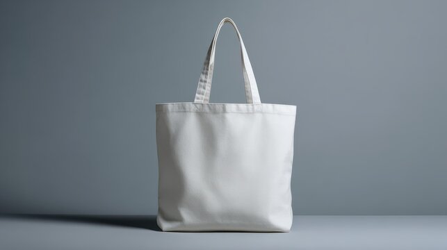 Minimalist white tote bag on cool grey backdrop, simple unembellished design