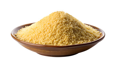 Dry golden couscous grains forming a large heap in a rustic brown ceramic bowl, isolated on a transparent background.