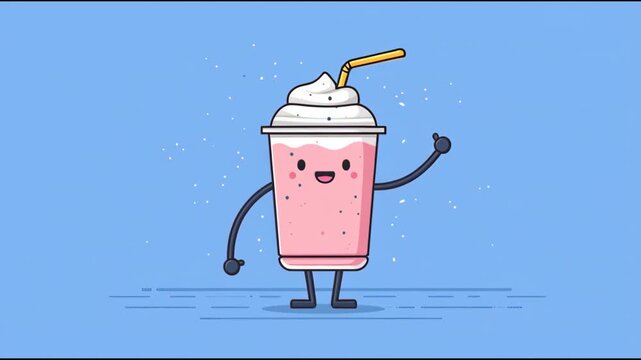 Cute cartoon strawberry milkshake character waving hello with a happy face