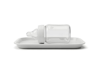 Baby bottle on white tray with minimalist design  
