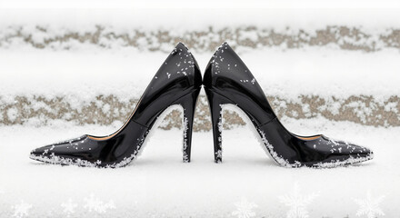 Black elegant high-heeled shoes standing on a snowy staircase background
