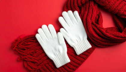 Red knitted scarf and white gloves on red background winter flat lay