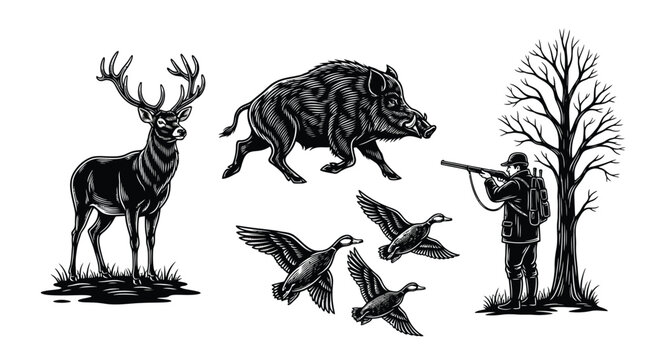Vintage hunting scene depicting deer boar ducks and a hunter in the woods
