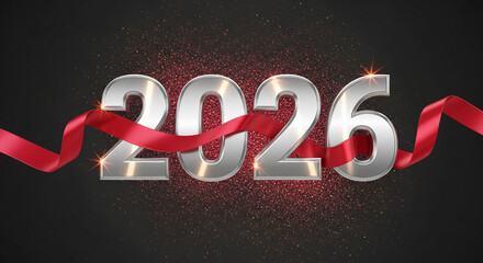 Silver 2026 number with red ribbon on dark sparkling background, symbolizing a celebratory occasion or milestone, suitable for festive greeting