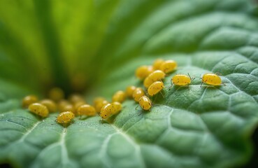 Macro view of tiny yellow aphids clustered on a green potato leaf. These plant pests colonize the undersides causing damage. Small insects crawl on leaf surface.
