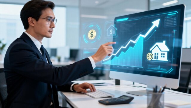 Businessman analyzing financial data on computer - Powered by Adobe
