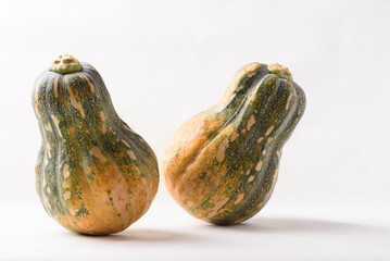 Ripe, yellow-green butternut squash after autumn harvest from an organic farm, on a white background. A healthy cooking ingredient