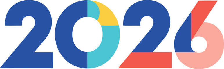 Modern 2026 happy new year text design with colorful geometric shapes and creative abstract typography elements.