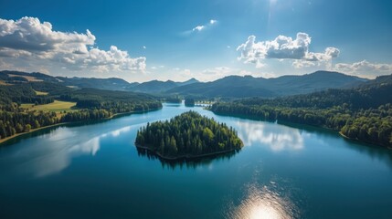 Serene mountain lake with island