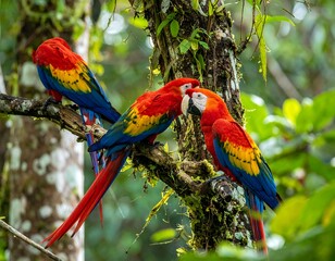 Vivid trio of scarlet macaws perched amidst lush greenery, blending into a tropical rainforest environment