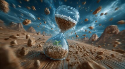 Dynamic scene of an hourglass sheltering a green seedling as sand and rocks swirl in a dramatic desert storm, symbolizing time, resilience, and environmental urgency for concepts.