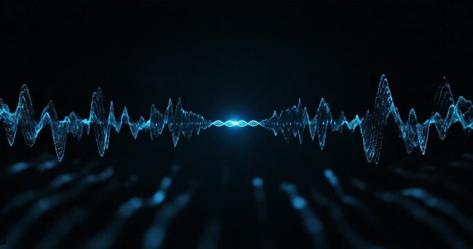 Abstract visualization of sound waves and DNA strands intertwining in a dark digital space