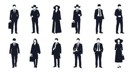 Silhouettes of diverse people in formal attire standing in a row formation